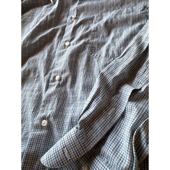 Luigi Borrelli Italian Made 16.5 100% Cotton Blue and Tan Plaid Dress Shirt - Picture 4 of 9